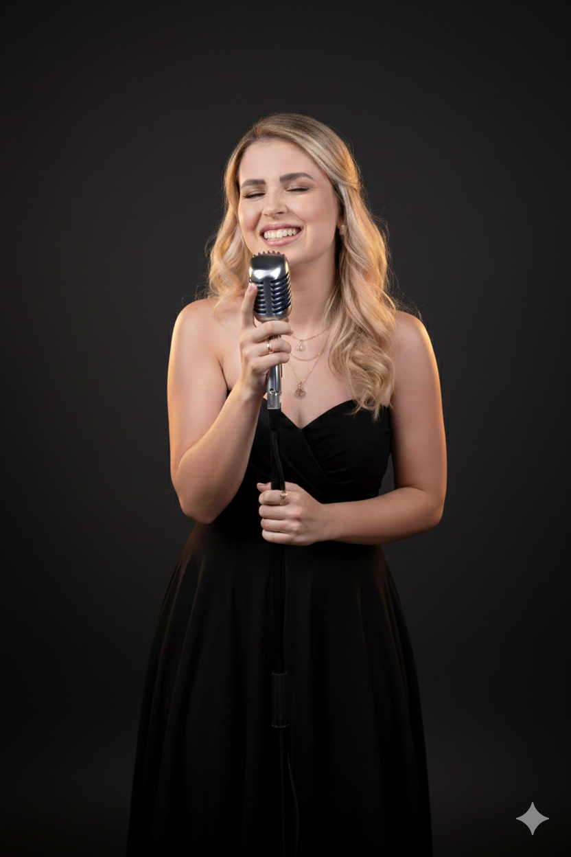 Cantora tocando com elegância
